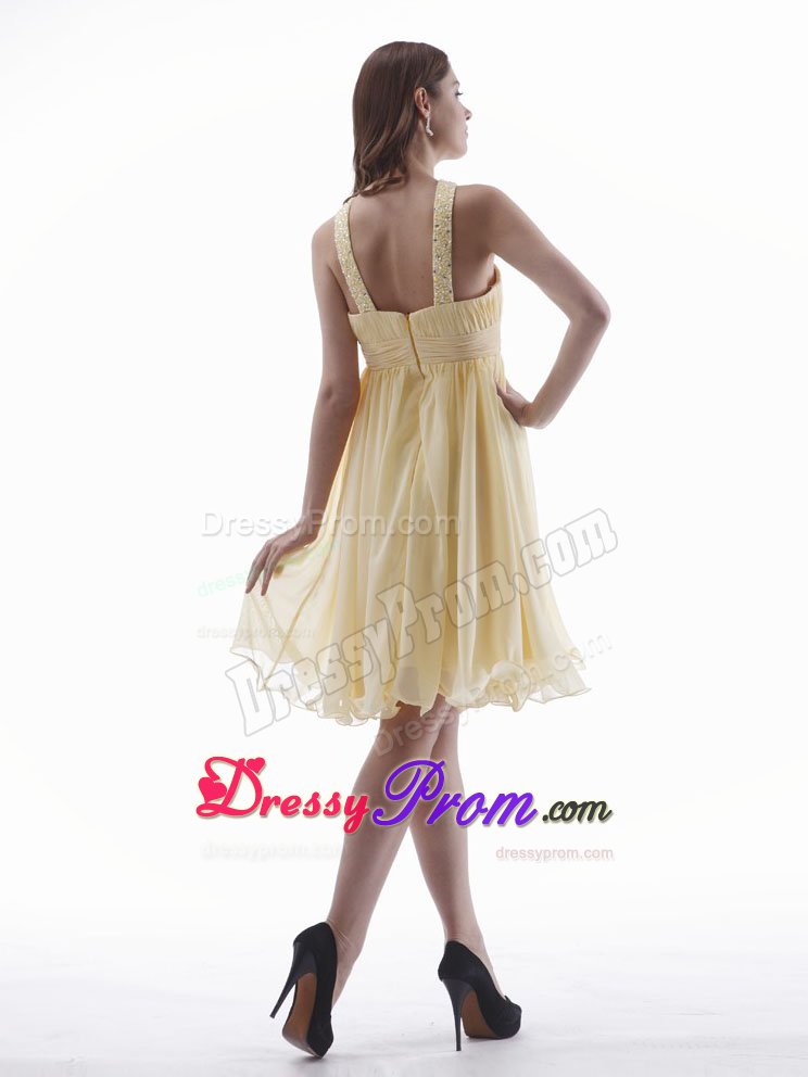 V-neck Beading Key Hole Chiffon Yellow Short Dresses For Debutante Ball