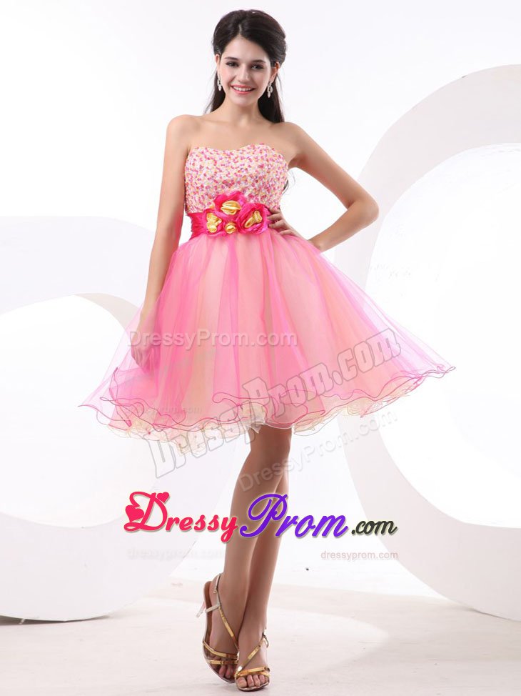 Beading Strapless Hand Made Flowers Layers Organza Junior Prom Dress