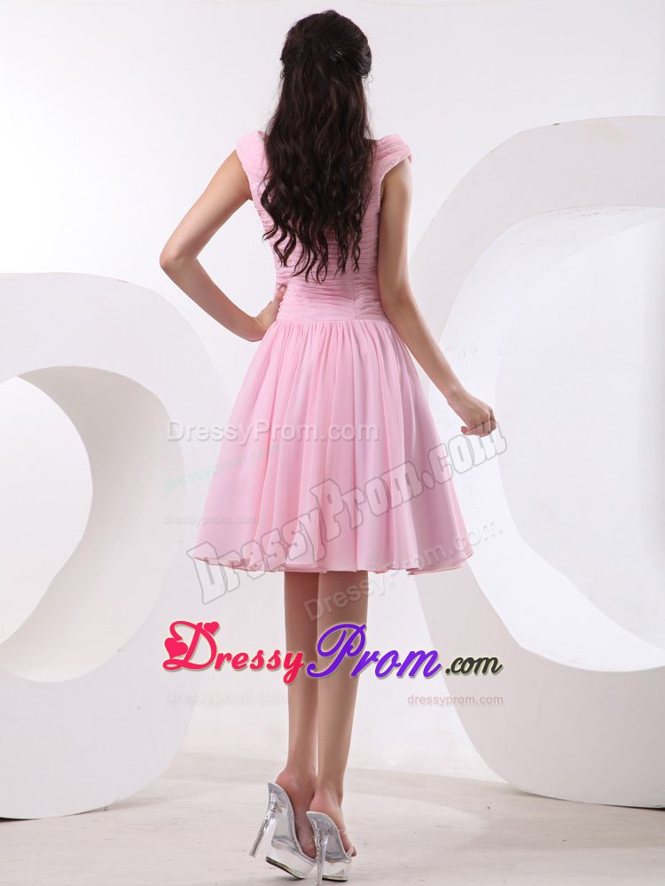 Bateau Ruched Knee-length Baby Pink Chiffon Prom Graduation Dress