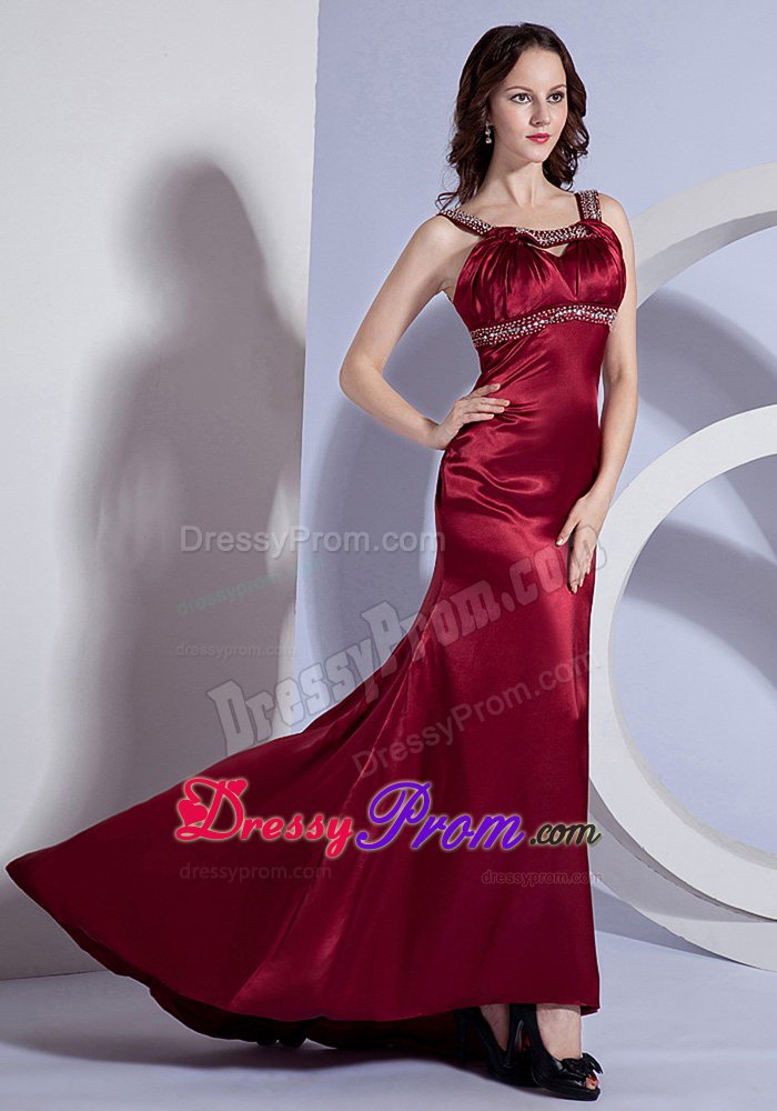 Straps Beaded Burgundy Taffeta Prom Celebrity Dress with Brush Train