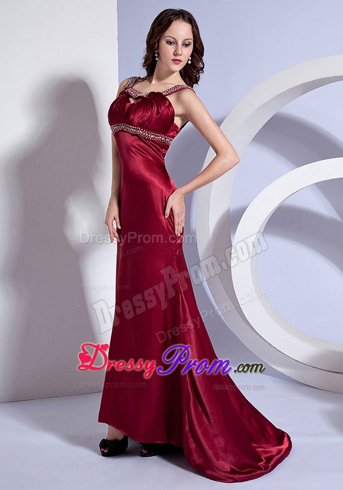 Straps Beaded Burgundy Taffeta Prom Celebrity Dress with Brush Train