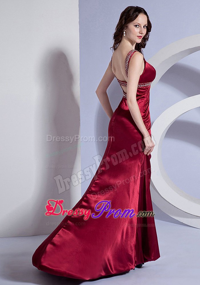 Straps Beaded Burgundy Taffeta Prom Celebrity Dress with Brush Train