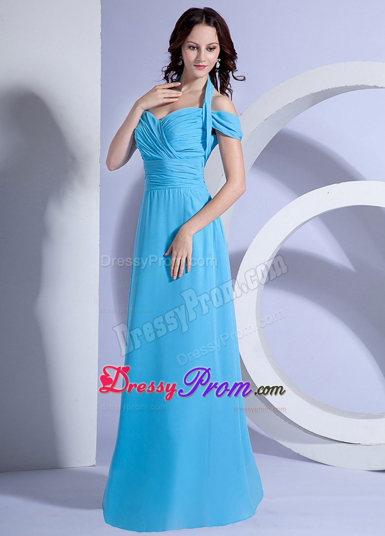 Aqua Blue Halter Floor Length Chiffon Prom Dresses with Ruches