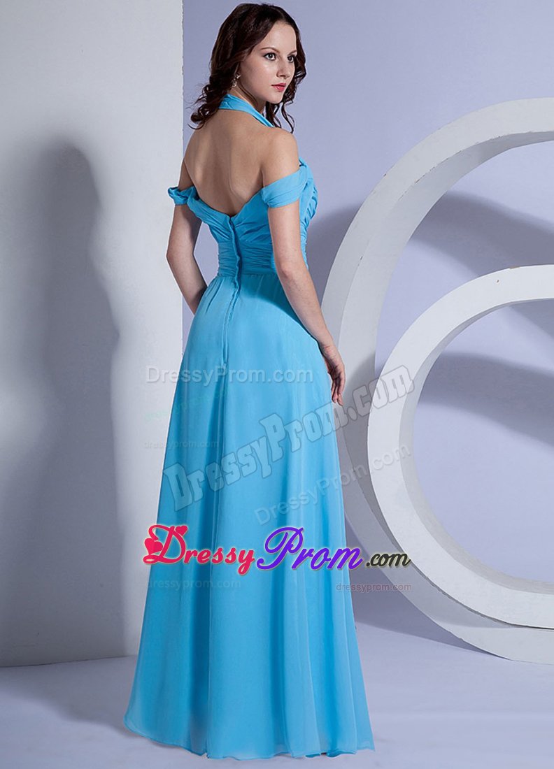 Aqua Blue Halter Floor Length Chiffon Prom Dresses with Ruches