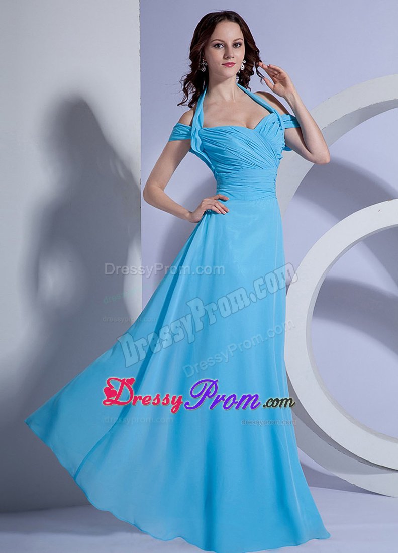 Aqua Blue Halter Floor Length Chiffon Prom Dresses with Ruches