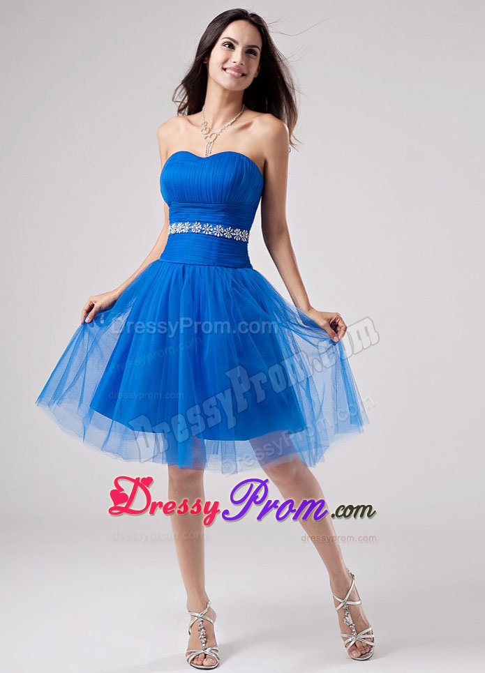 Sweetheart Beading Ruches Blue Knee-length Tulle Dresses For Prom Party