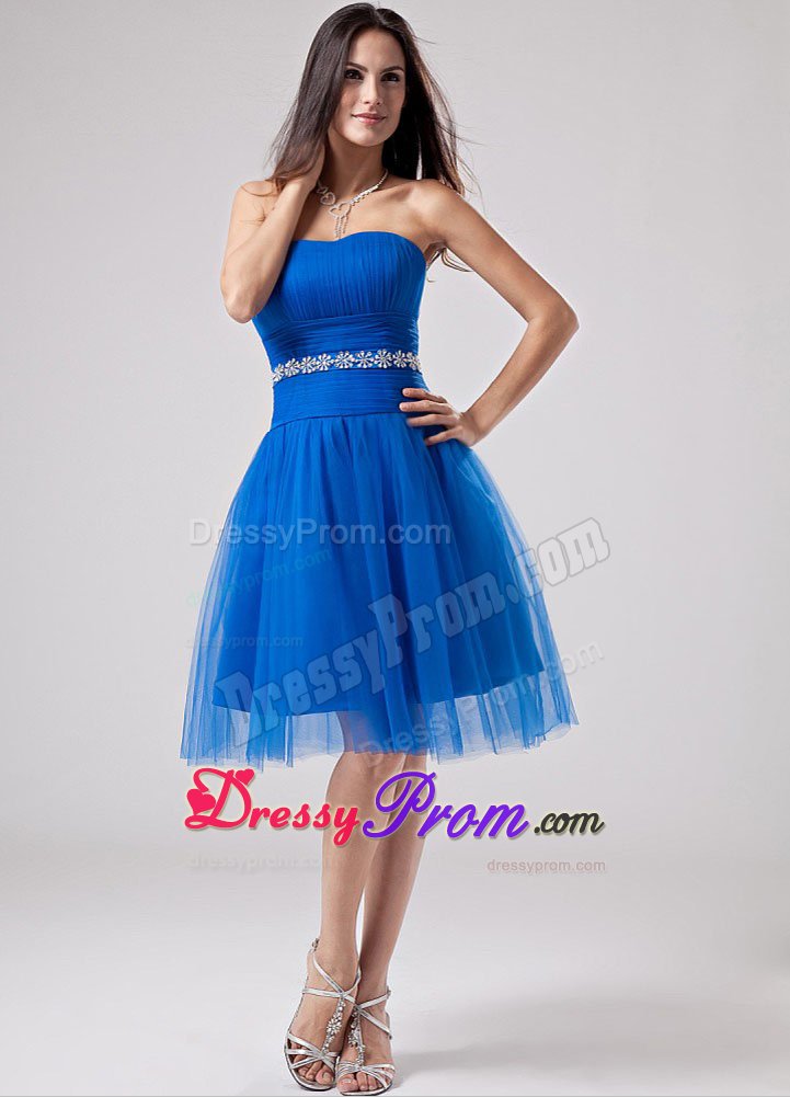 Sweetheart Beading Ruches Blue Knee-length Tulle Dresses For Prom Party