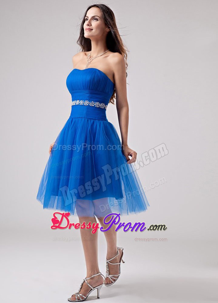 Sweetheart Beading Ruches Blue Knee-length Tulle Dresses For Prom Party