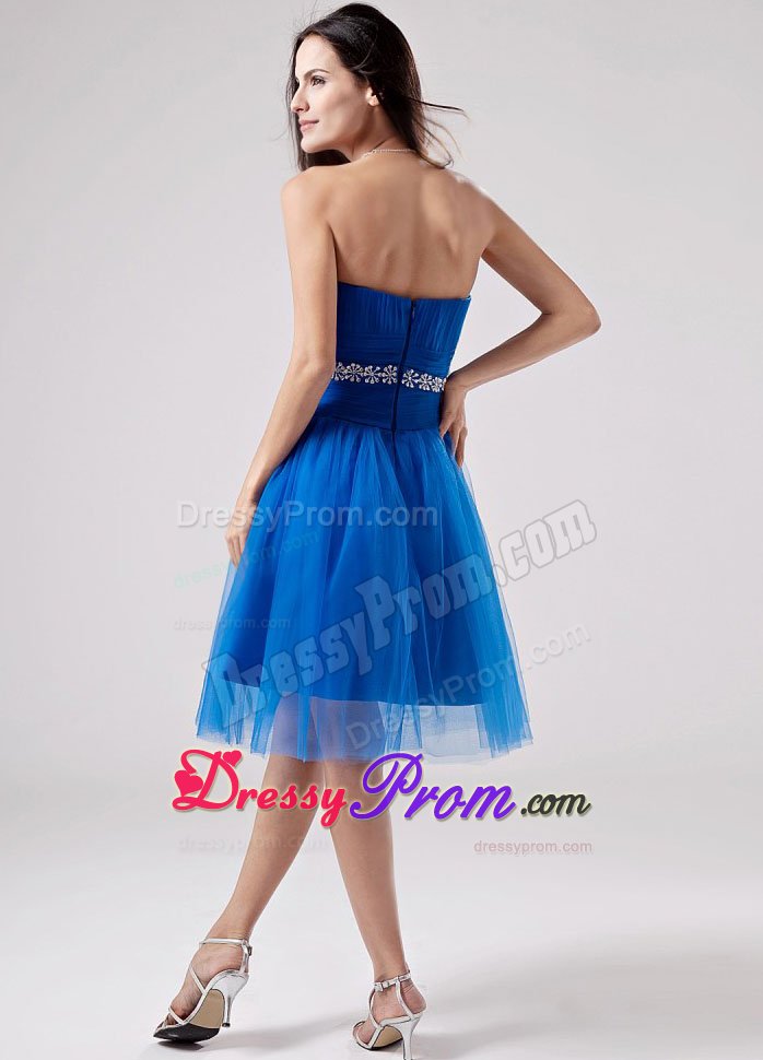 Sweetheart Beading Ruches Blue Knee-length Tulle Dresses For Prom Party