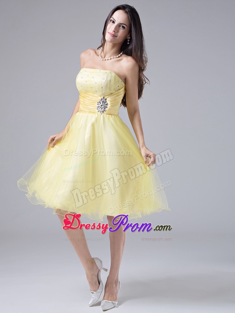 Light Yellow Strapless Beading Ruches Organza Prom Graduation Dress