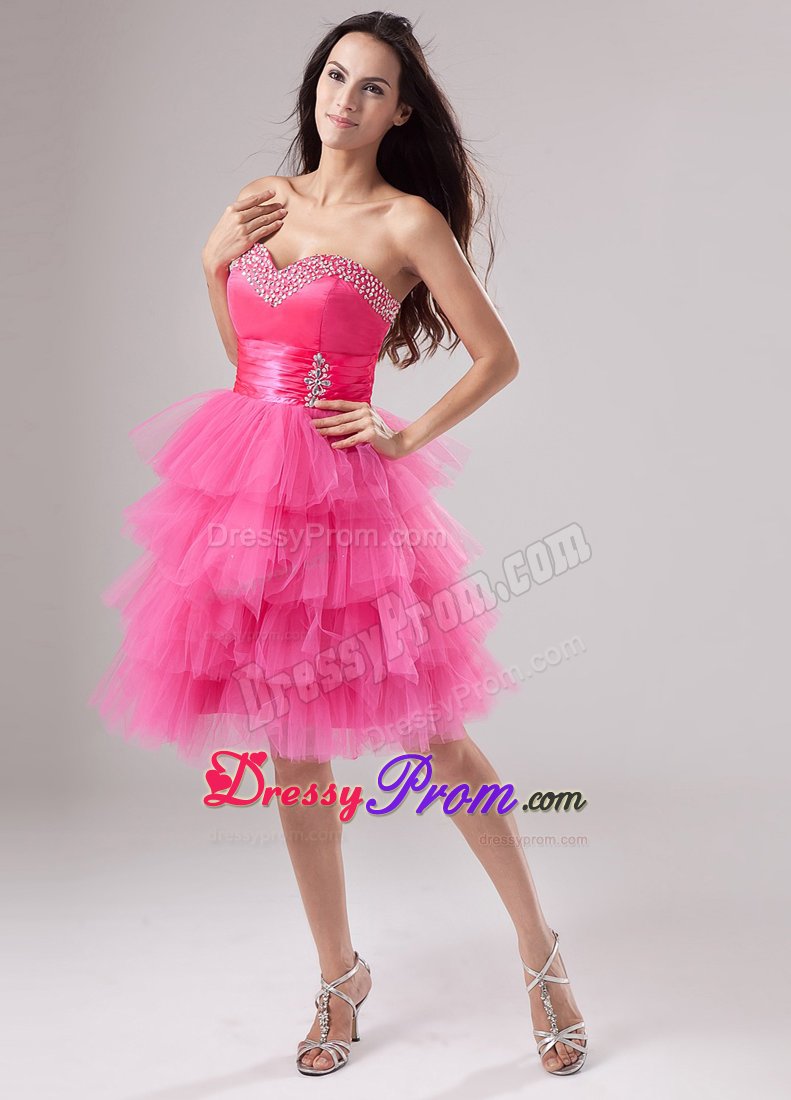Ruffled Layered Ruches Pink Prom Dress with Sweetheart and Beading