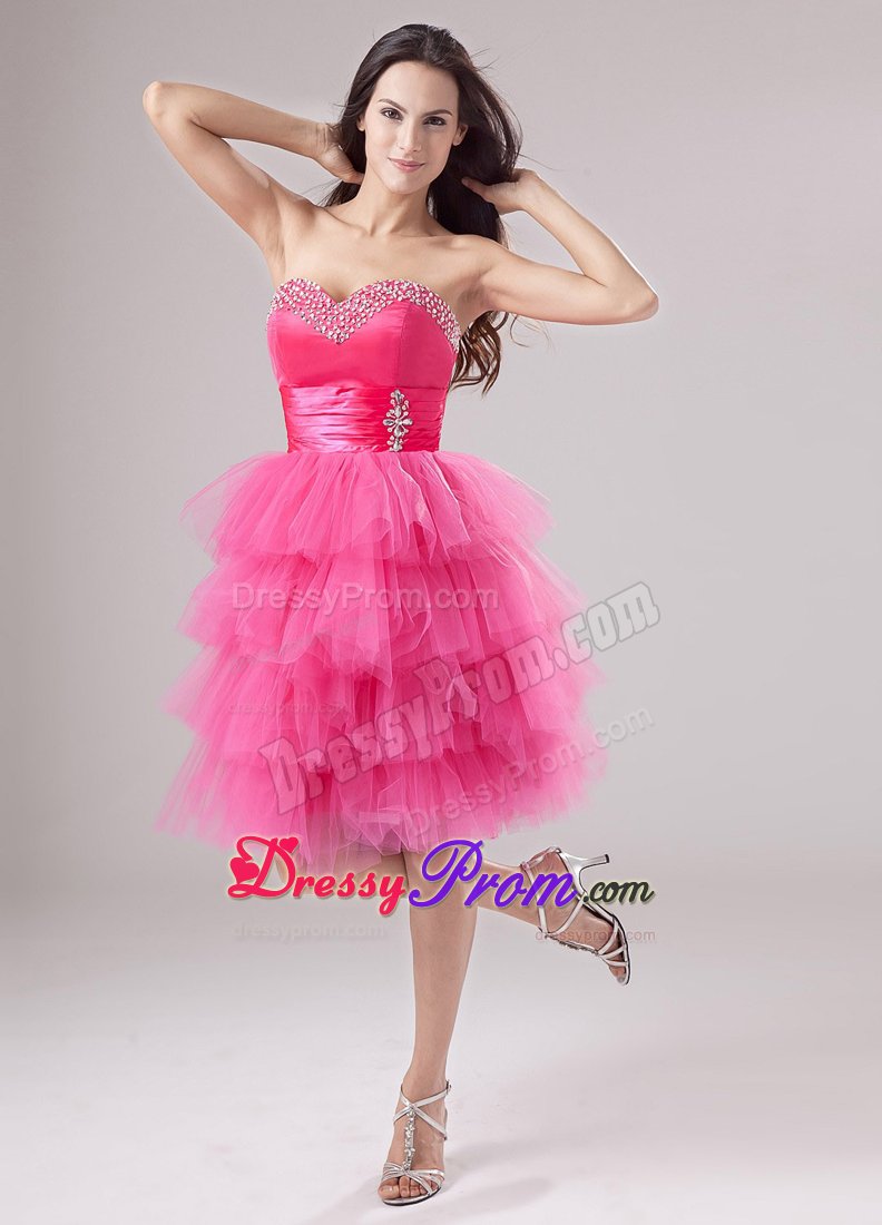 Ruffled Layered Ruches Pink Prom Dress with Sweetheart and Beading