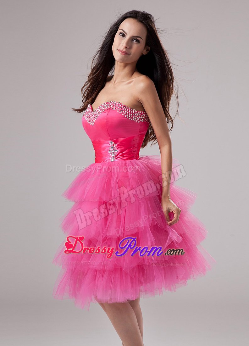 Ruffled Layered Ruches Pink Prom Dress with Sweetheart and Beading