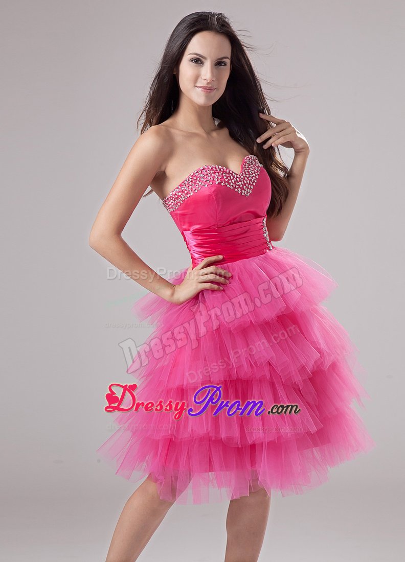 Ruffled Layered Ruches Pink Prom Dress with Sweetheart and Beading