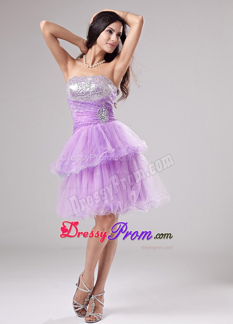 Strapless Beading Sequin Ruches Organza Lavender Dress For Prom