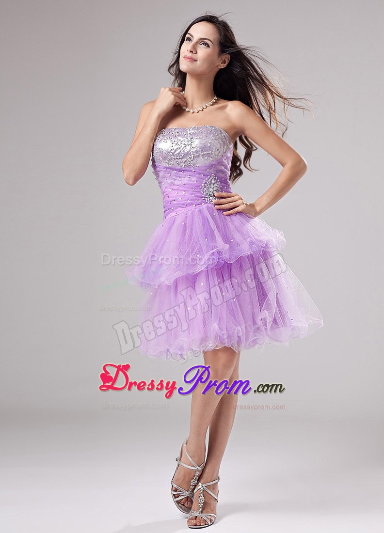 Strapless Beading Sequin Ruches Organza Lavender Dress For Prom