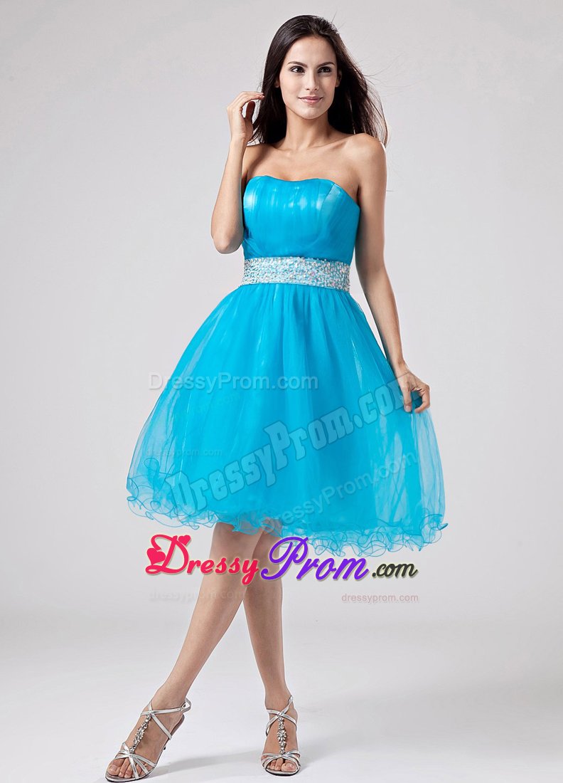 Teal Strapless Beading Ruches Organza Mini-length Senior Prom Dress