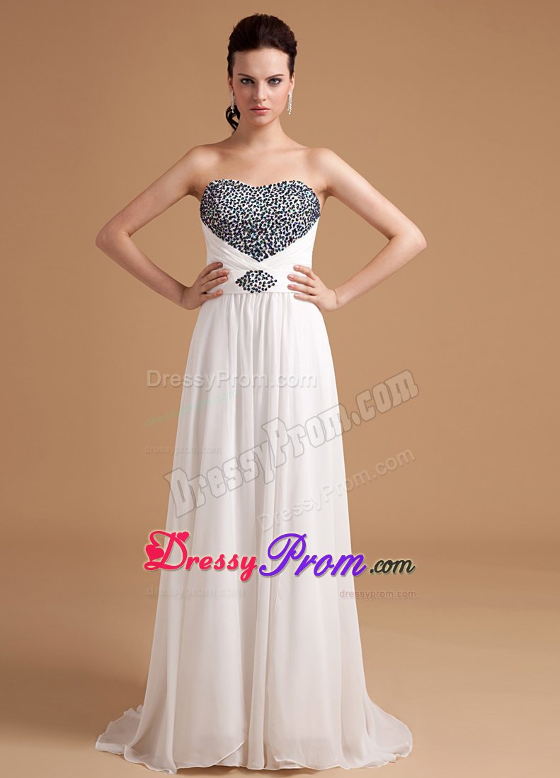 Beading Strapless White Chiffon Brush Train Prom Evening Dresses