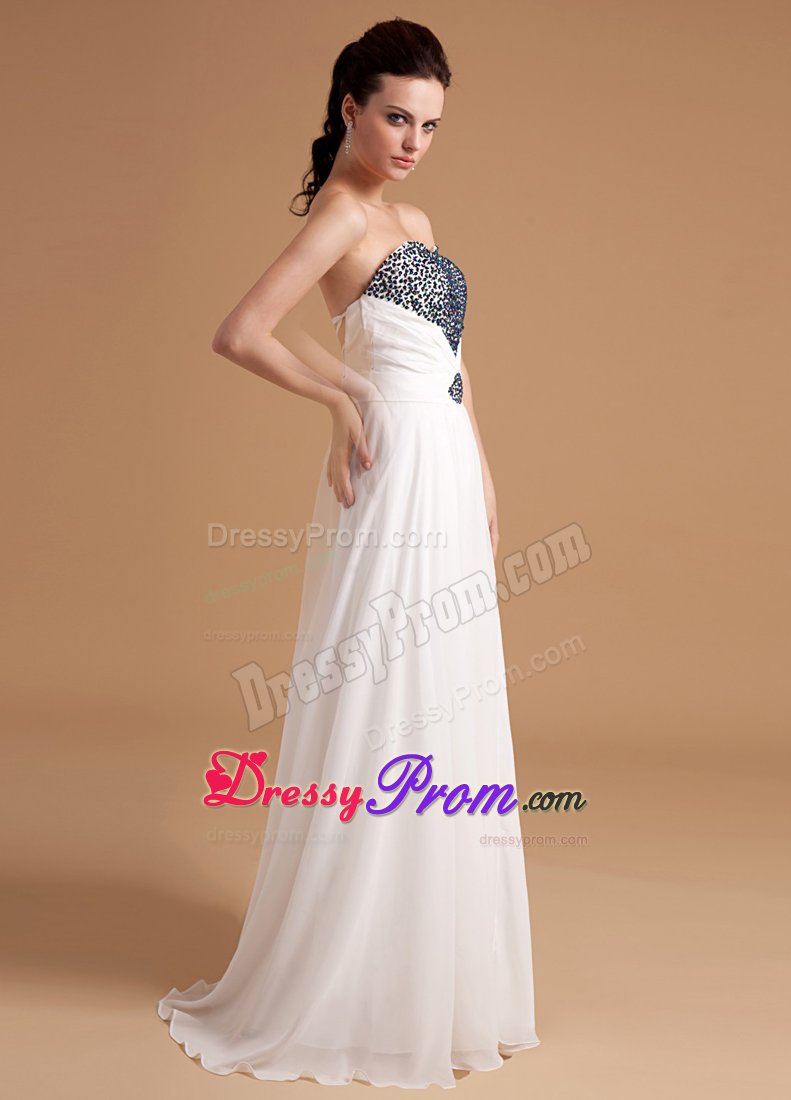 Beading Strapless White Chiffon Brush Train Prom Evening Dresses