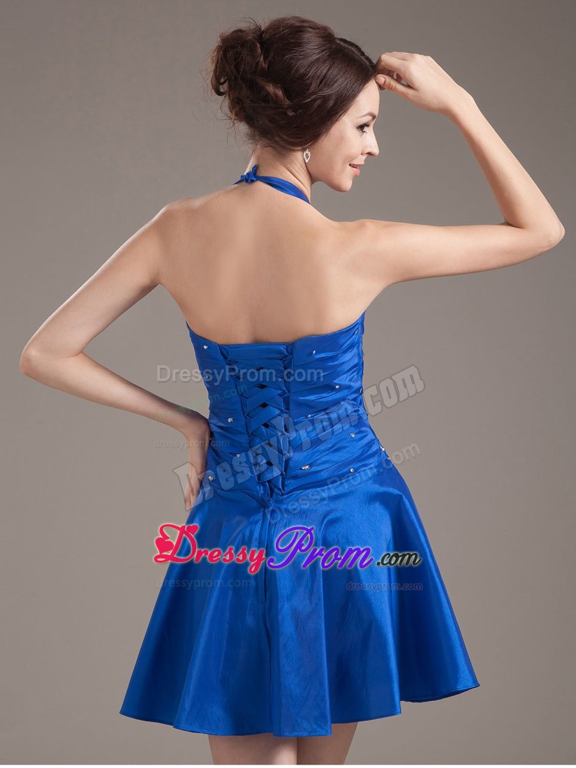 Halter Beading and Ruches Peacock Mini-length Prom Party Dresses