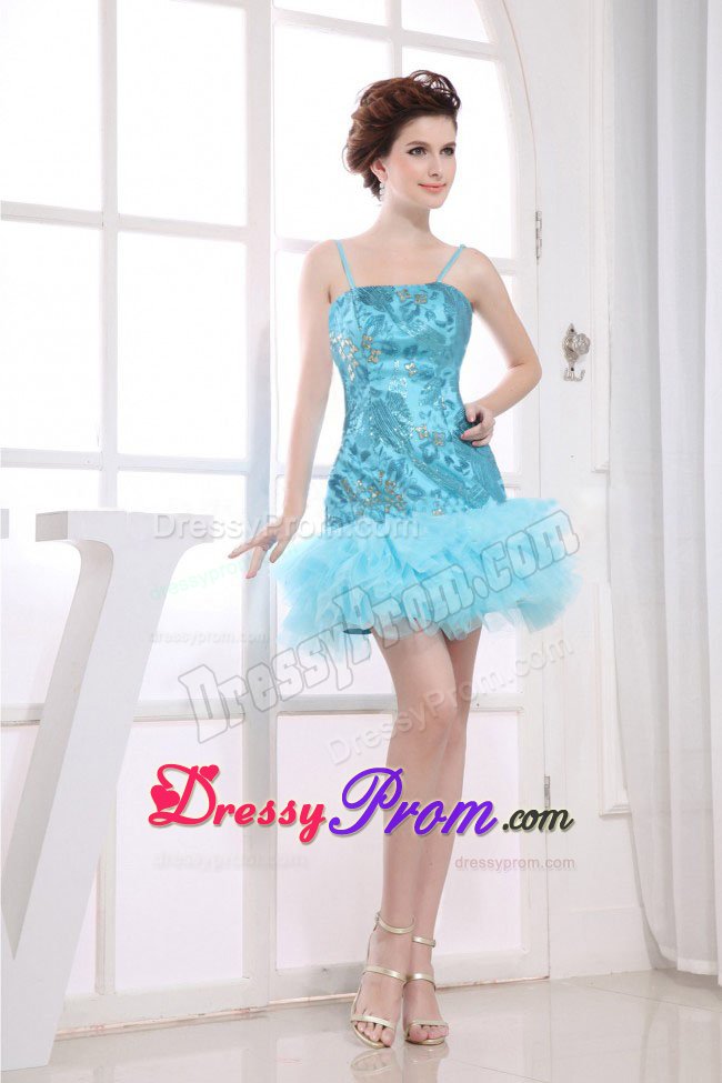 Aqua Blue Straps Appliques Mini-length Prom Celebrity Dress with Ruffles