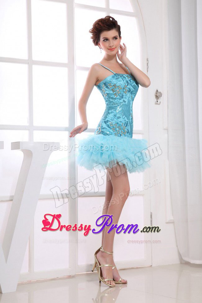 Aqua Blue Straps Appliques Mini-length Prom Celebrity Dress with Ruffles