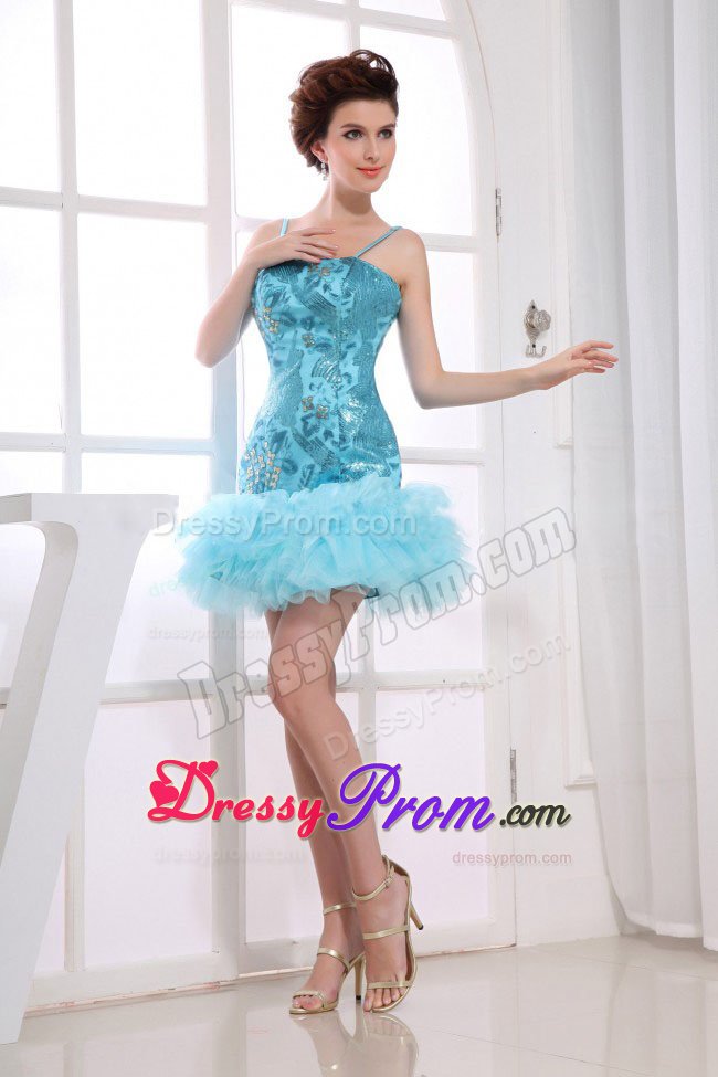 Aqua Blue Straps Appliques Mini-length Prom Celebrity Dress with Ruffles