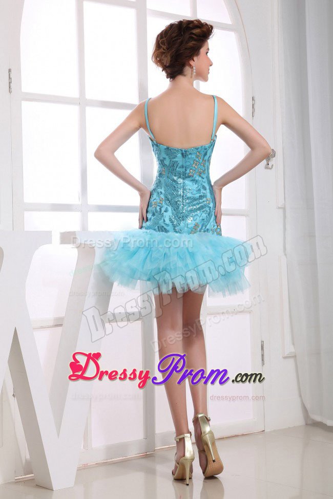 Aqua Blue Straps Appliques Mini-length Prom Celebrity Dress with Ruffles
