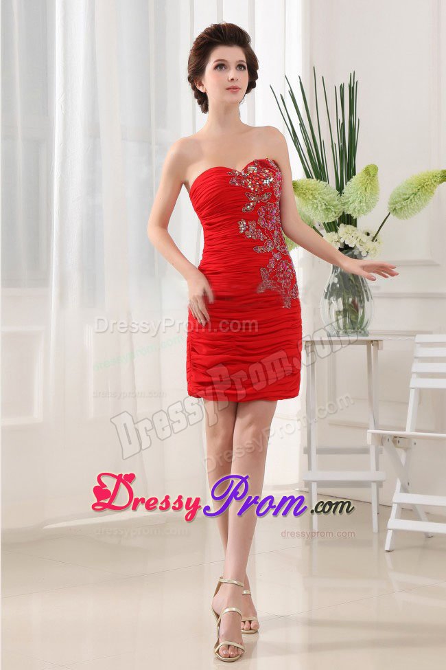 Red Sweetheart Appliques Ruches Chiffon Mini-length Prom Maxi Dress