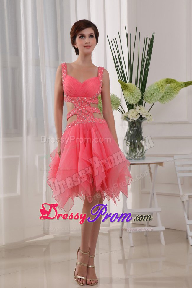 Waist Cut Straps Beading Watermelon Prom Dress with Asymmetrical Hem