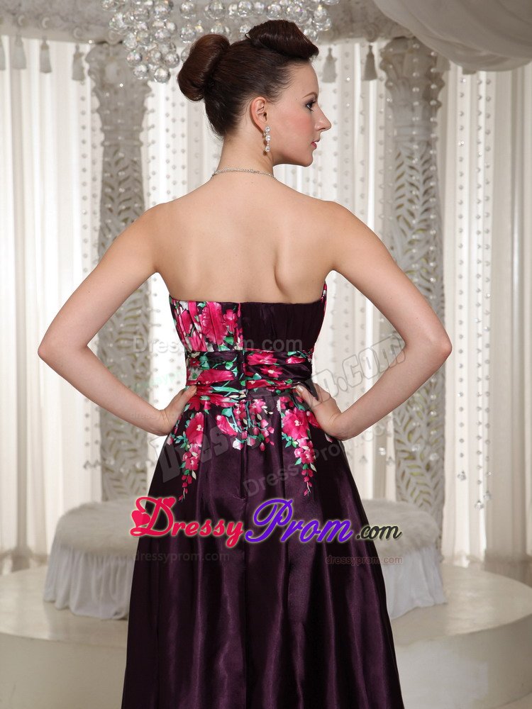 Printed Burgundy Strapless Floor Length Prom Dresses with Ruches