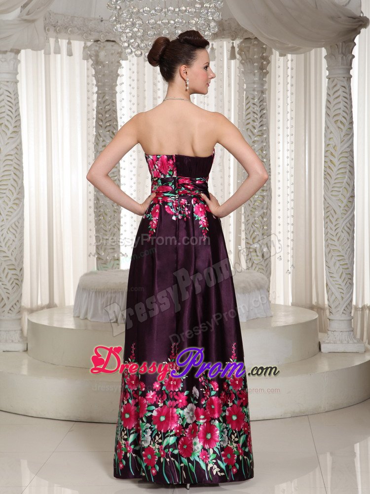 Printed Burgundy Strapless Floor Length Prom Dresses with Ruches