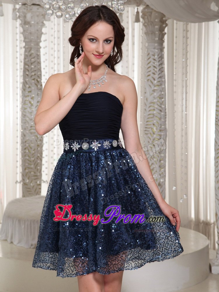 Ruched Navy Blue Strapless Prom Dresses with Beading and Sequins