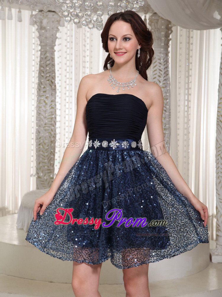 Ruched Navy Blue Strapless Prom Dresses with Beading and Sequins