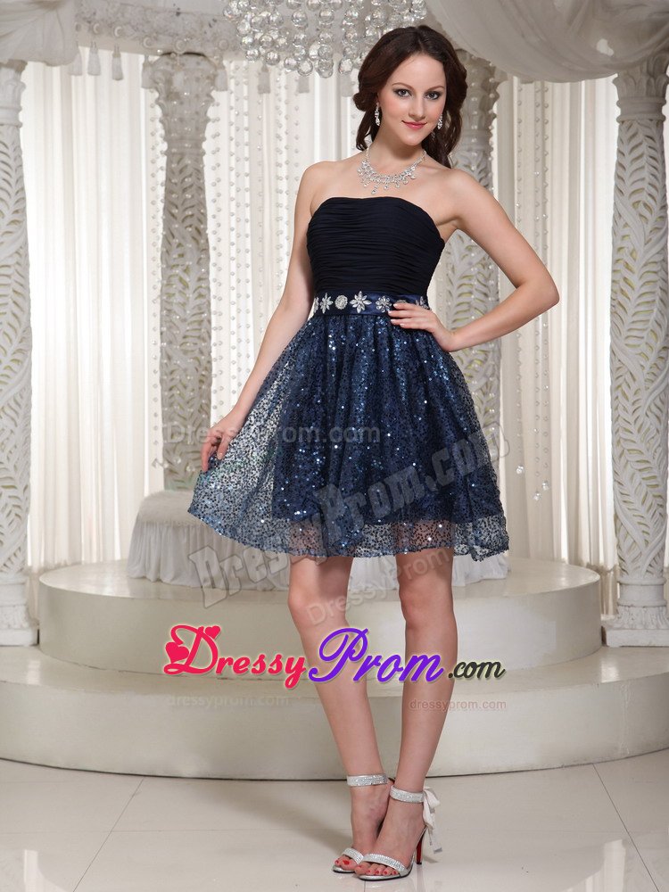Ruched Navy Blue Strapless Prom Dresses with Beading and Sequins