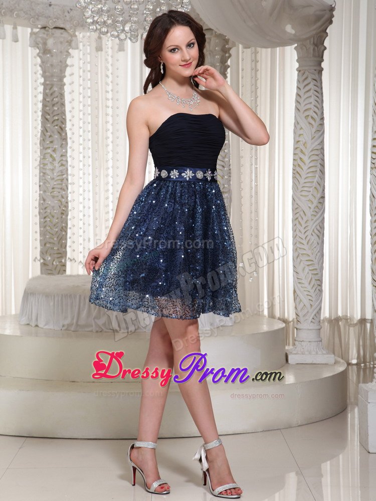 Ruched Navy Blue Strapless Prom Dresses with Beading and Sequins