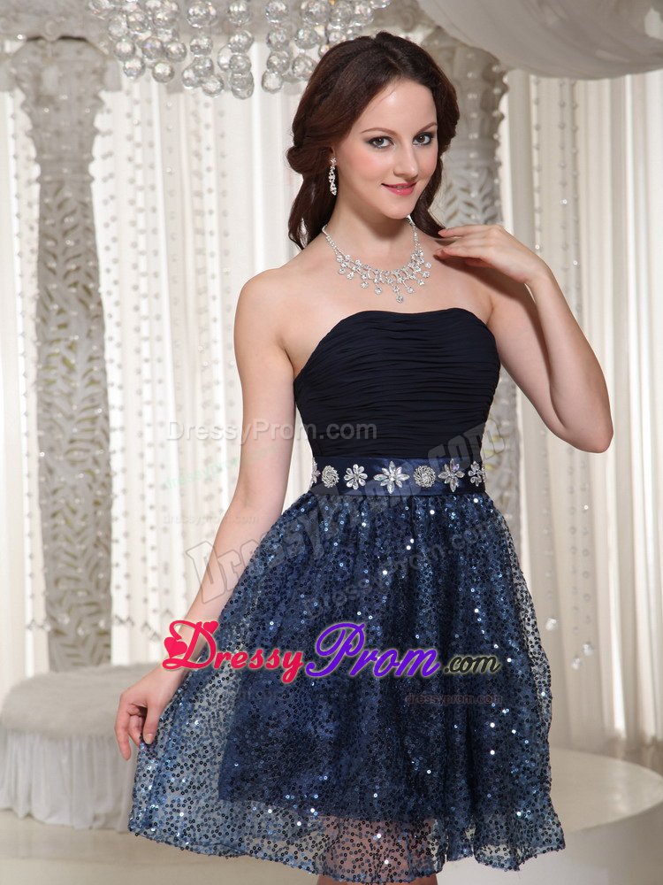 Ruched Navy Blue Strapless Prom Dresses with Beading and Sequins
