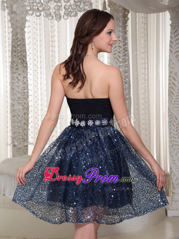 Ruched Navy Blue Strapless Prom Dresses with Beading and Sequins