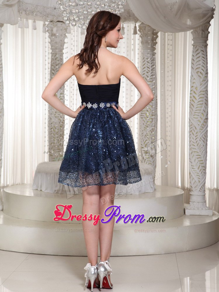 Ruched Navy Blue Strapless Prom Dresses with Beading and Sequins