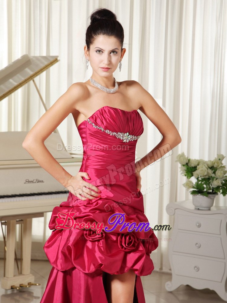 Popular Side Zipper Red Pick Ups Flowers Long Prom Dress