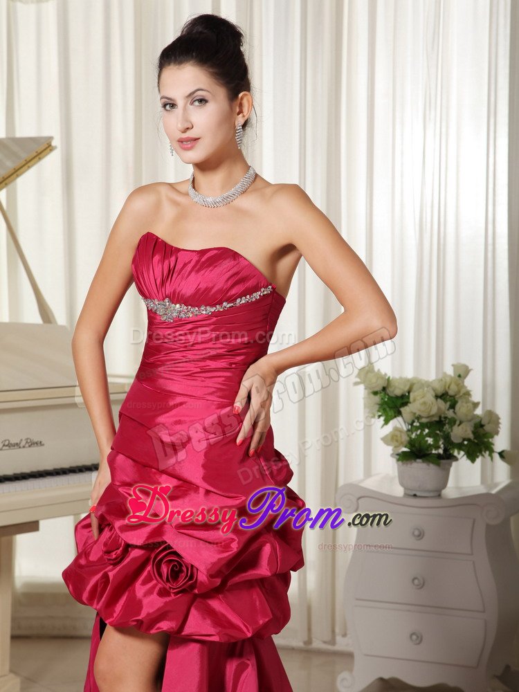 Popular Side Zipper Red Pick Ups Flowers Long Prom Dress
