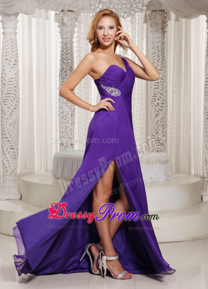 High Quality Purple one Shoulder Beaded Prom Dress for Women