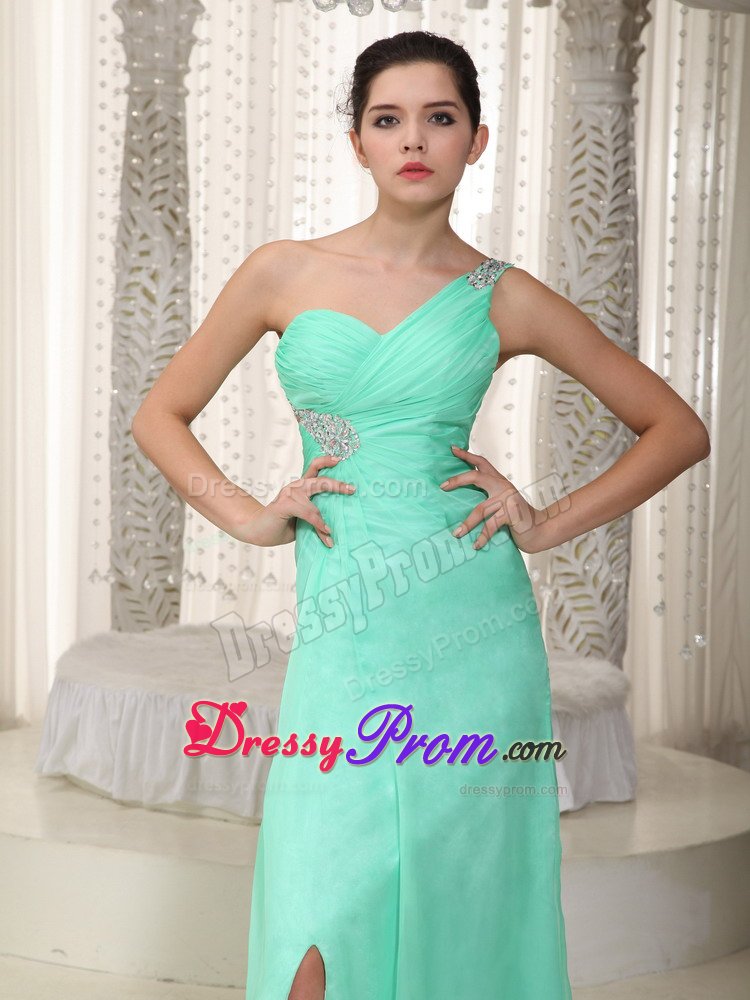 Brand New one Shoulder Apple Green Ruched Beaded Prom Dress