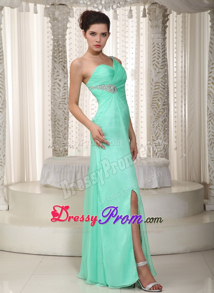 Brand New one Shoulder Apple Green Ruched Beaded Prom Dress