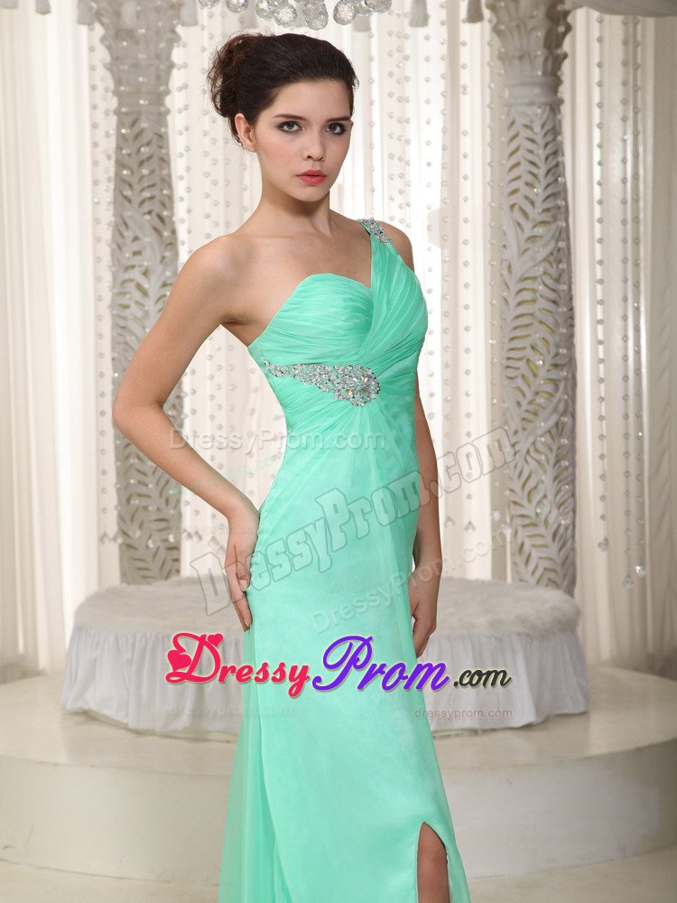 Brand New one Shoulder Apple Green Ruched Beaded Prom Dress