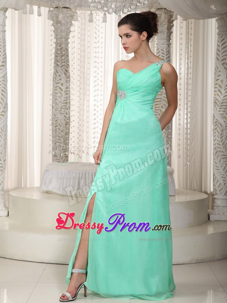 Brand New one Shoulder Apple Green Ruched Beaded Prom Dress