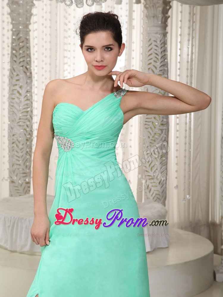 Brand New one Shoulder Apple Green Ruched Beaded Prom Dress