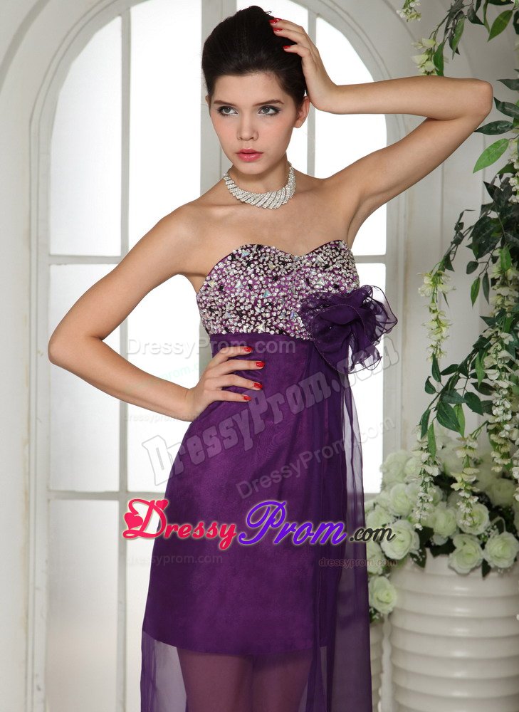 Plus Size Eggplant Purple Beaded Prom Dress with Sheer Hem