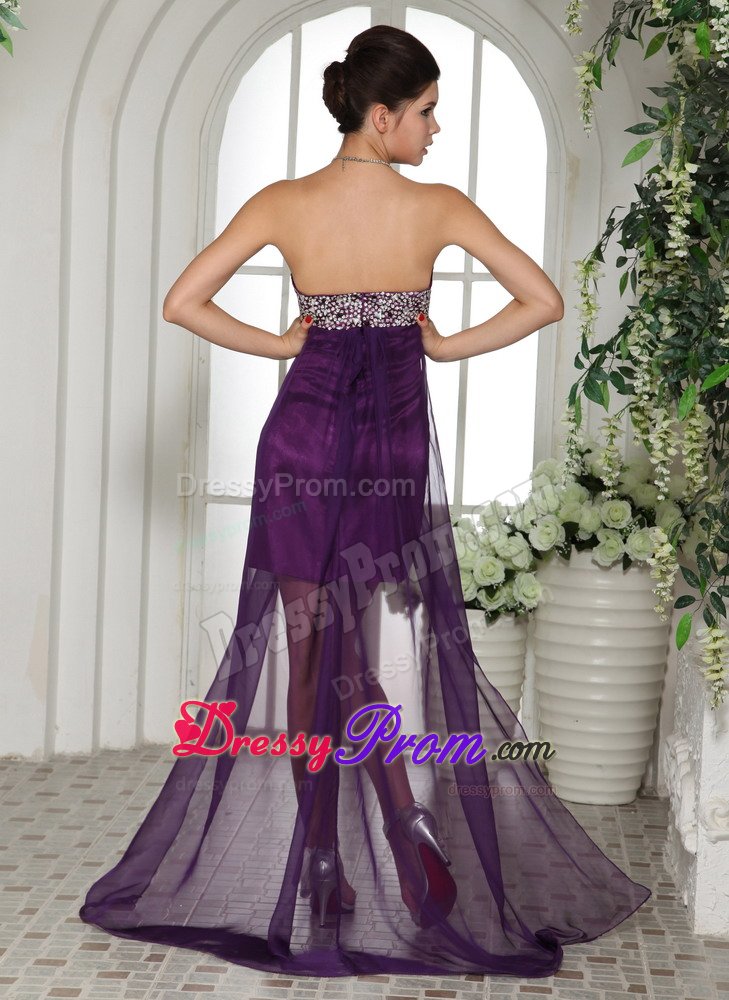 Plus Size Eggplant Purple Beaded Prom Dress with Sheer Hem