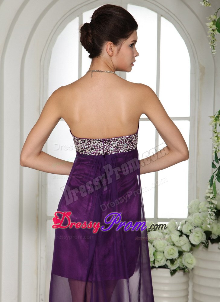 Plus Size Eggplant Purple Beaded Prom Dress with Sheer Hem